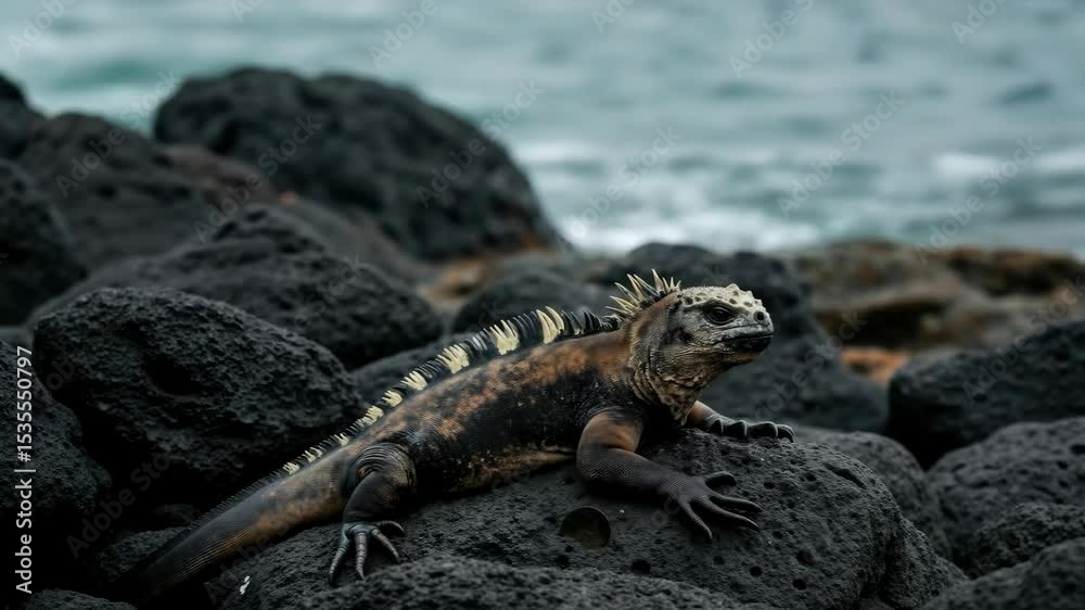 Marine iguana resting on black volcanic rocks near ocean waves. Wild reptile with spiked back in natural coastal habitat for wildlife and nature topics