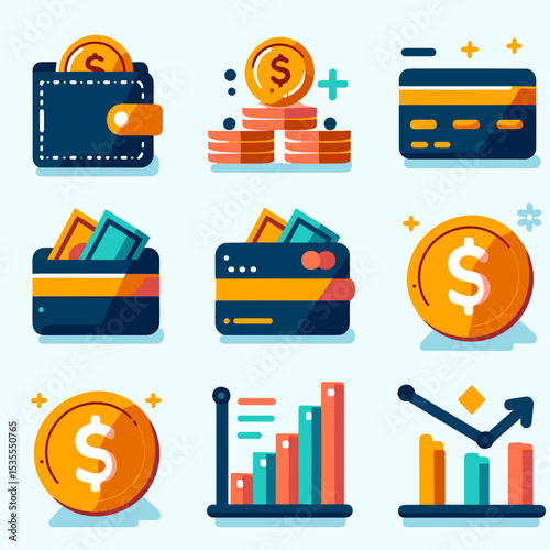 Colorful finance and payment icons set featuring wallet, coins, and charts, modern design, money management concept