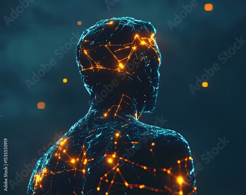 Abstract representation of a human form, highlighted by interconnected energy points