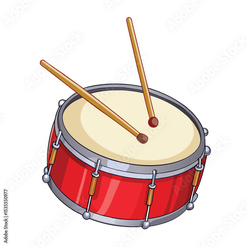 Colorful red drum with drumsticks cartoon illustration on white background