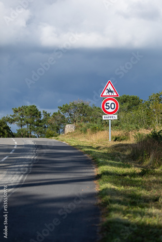 Un panneau de limitation de vitesse de 50 km/h et un rappel pour la présence possible de chevaux.