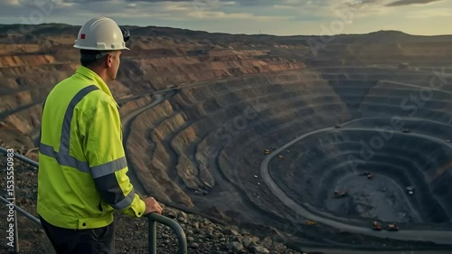 Mining engineer in safety helmet overlooking open pit quarry operation. Industrial worker in high visibility vest supervising excavation site for mining and construction