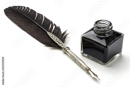 A black quill pen and an ink bottle isolated on white background Ai generate.