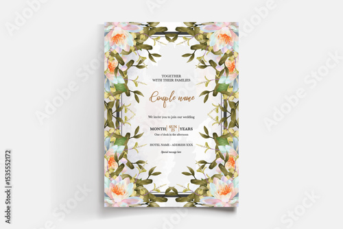 WEDDING INVITATION FRAME WITH FLOWER DECORATIONS AND FRESH LEAVES