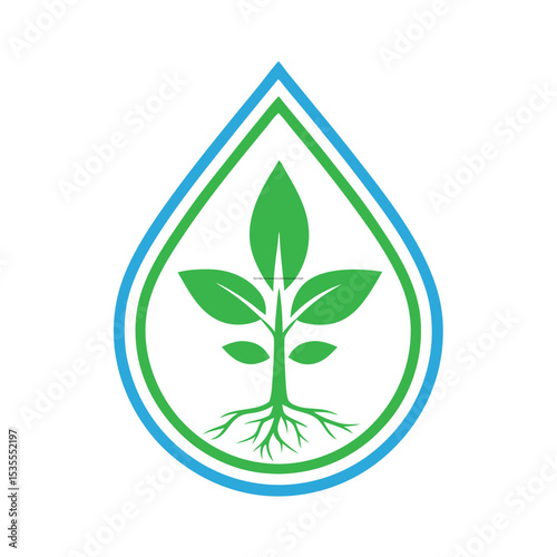 Plant in Water Drop Logo Vector Eco Growth and Roots Symbol Design.