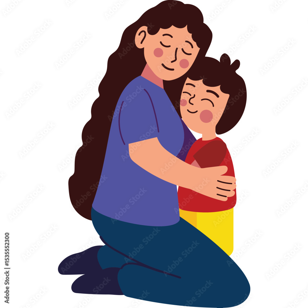 Obraz premium Mother's Warm Embrace: In this heartwarming illustration, a mother and child share a tender moment of closeness, highlighting the bond of family and the sweetness of parental love.