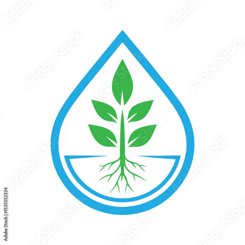 Plant in Water Drop Logo Vector Eco Growth and Roots Symbol Design.