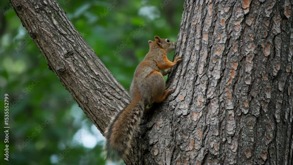 Grey squirrel climbing up tree trunk with textured bark in forest environment. Small rodent mammal moving on wooden surface for nature and wildlife content Grey squirrel climbing up tree trunk with textured bark in forest environment. Small rodent mammal moving on wooden surface for nature and wildlife content