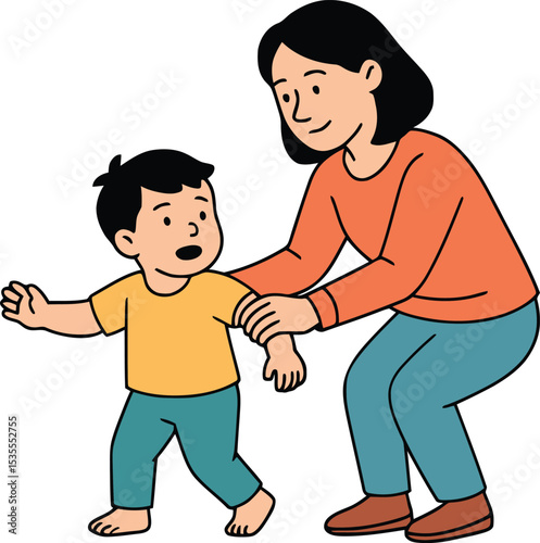 Mothers Guiding Toddler Steps: A heartwarming vector illustration portrays a mother gently assisting her toddler as he takes his first steps, embodying love and encouragement.
