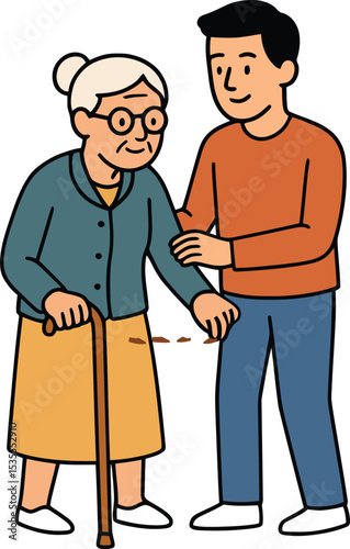 Compassionate Support: A young man gently guides an elderly woman with a cane, illustrating a bond of care and respect in this symbolic illustration.