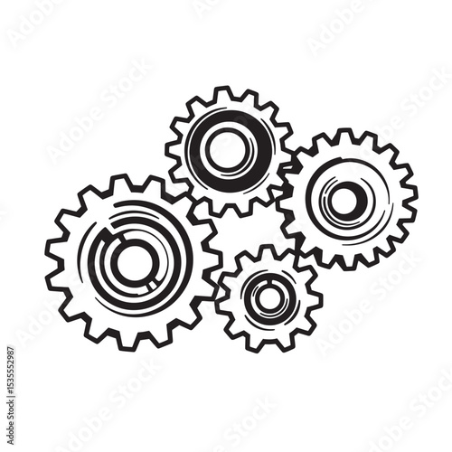 A black and white graphic of multiple interlocking gear wheels designed in a sleek silhouette style.