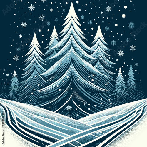 Winter forest with snowy pine trees and falling snowflakes in a blue color scheme