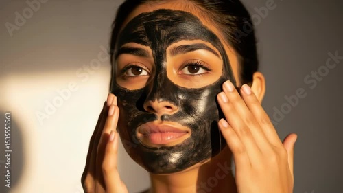 Woman applying black charcoal face mask touching cheeks with hands. Female skincare routine with detox treatment for beauty and cosmetic services