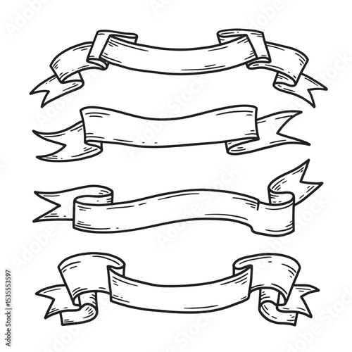 A collection of hand drawn blank banner ribbons with black outlines in vintage or retro silhouette style, vector graphics available