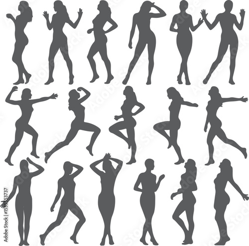 Collection of Gray Female Silhouettes in Various Poses and Actions a Diverse Set of Womanly Figures in Different Dynamic and Static Postures