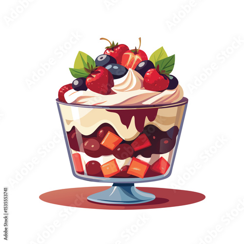 Delicious layered dessert featuring fresh strawberries blueberries and creamy whipped topping vector illustration