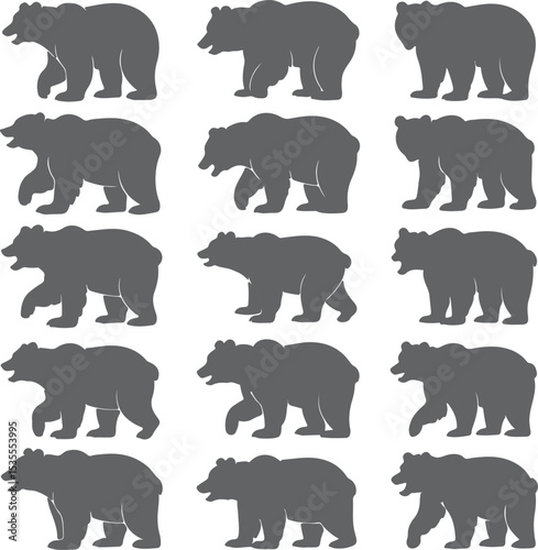 Fifteen Gray Bear Silhouettes Walking in Various Poses on White Background Animal Wildlife Graphic Design Elements