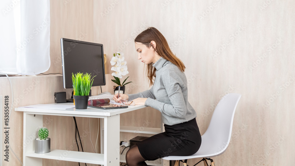 Young woman working freelancer indoors home office. Young woman working freelancer indoors home office.
