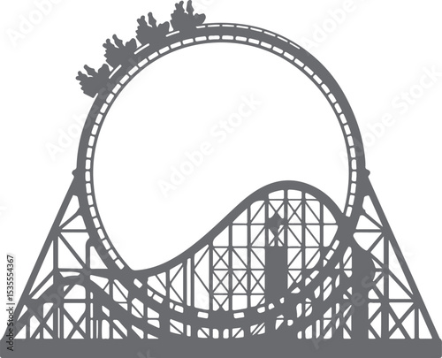 Grey Silhouette Roller Coaster Design Large Loop Track Passengers Amusement Park Ride Illustration