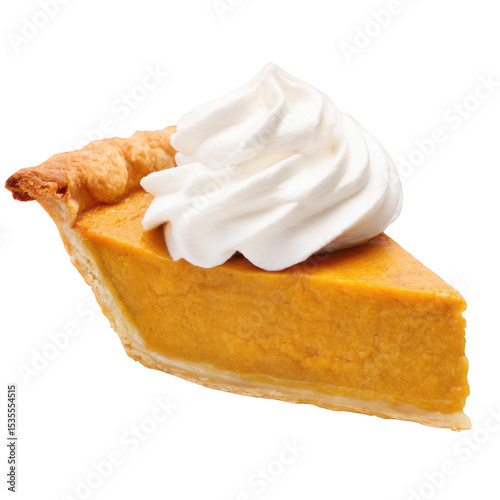 A slice of pumpkin pie topped with whipped cream, isolated on transparent background
