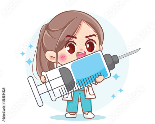 Cute woman Doctor holding syringe vaccine hand drawn cartoon art illustration