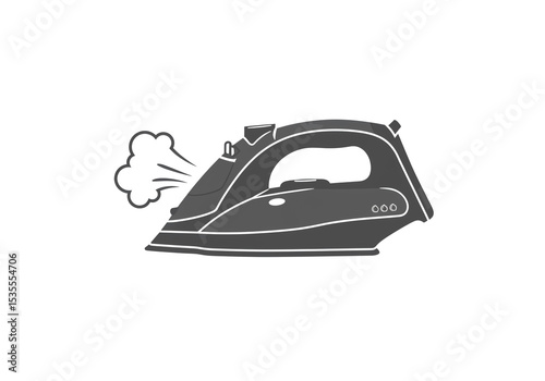 A gray steam iron with white outlines emitting steam on a white background in a simple graphic style