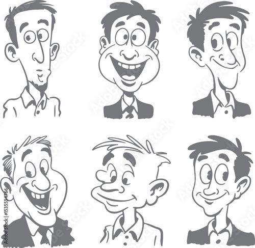 Six grayscale cartoon male head and shoulders silhouettes various expressions joyful surprised pensive