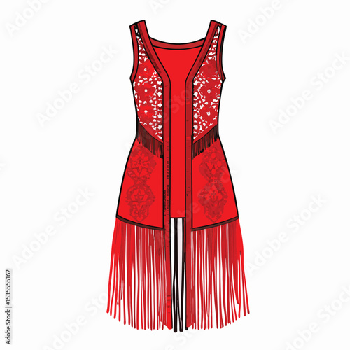 Vibrant red vest featuring elaborate lace detailing and long decorative fringe vector illustration