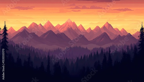Sunset over a mountain range, with pine forests