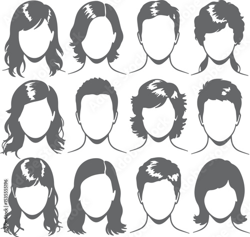 Twelve Gray Silhouette Headshots Diverse Hairstyles Men Women Faceless Avatars Profile Pictures Icons