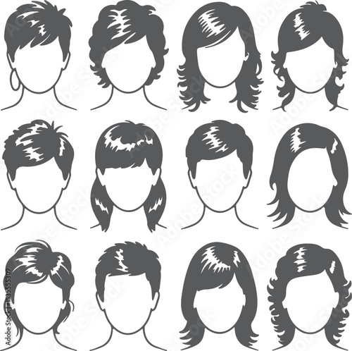 Twelve grayscale female and male head silhouettes showcasing various hairstyles short bobs pixie cuts wavy hair and longer styles ideal for hair