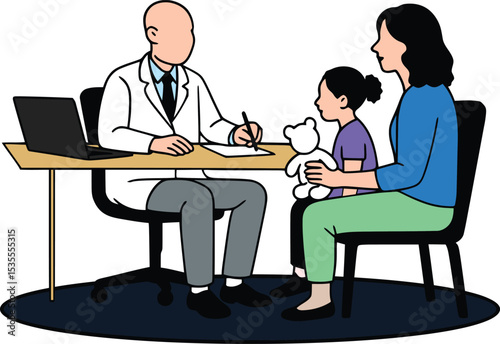 Pediatric Consultation: A reassuring depiction of a medical consultation, with a doctor, a young child, and the child's mother, the scene highlighting trust and professional care.