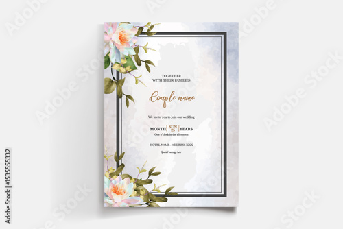 WEDDING INVITATION FRAME WITH FLOWER DECORATIONS AND FRESH LEAVES