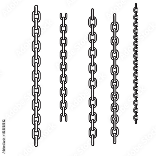 Collection of detailed black silhouette chains in various lengths and styles isolated on a clean white background for design use.