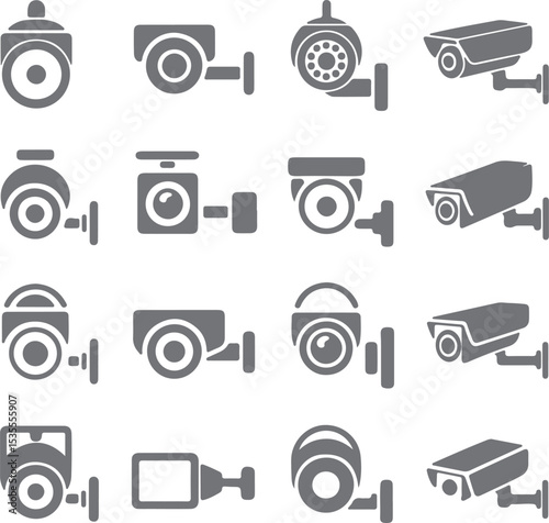 Collection of Gray Security Camera Icons Various Styles Dome Bullet C T V Surveillance System Silhouette Vector Graphics