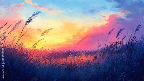 Sunset over a vibrant meadow