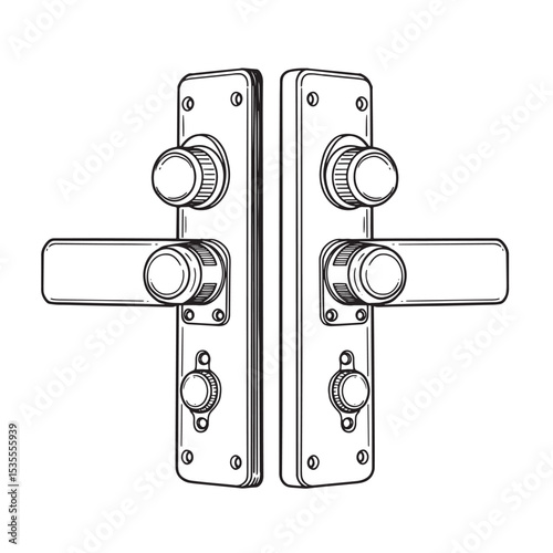 Detailed black and white illustration of a modern door handle set silhouette isolated against a pure white background.
