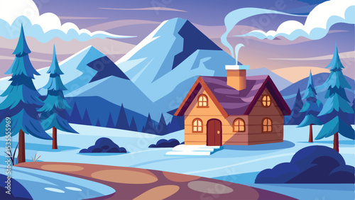 Cozy Cabin in Snow Covered Mountains with Pine Trees Vector Illustration