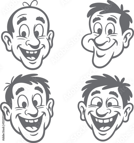 Four Gray Scale Cartoon Silhouettes of Happy Smiling Men with Different Hairstyles One Bald Man Two with Short Hair and One with Slightly Longer Hair