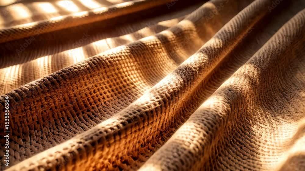 Close-up of textured woven beige fabric with sunlight casting shadows across the surface, creating a warm and inviting atmosphere.