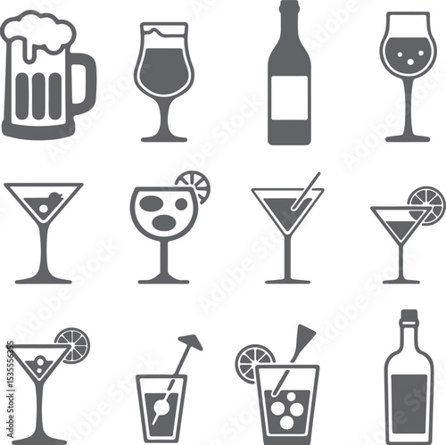 Gray Silhouette Icons Set of Alcoholic Beverages Beer Wine Cocktails Martini Glass Liquor Bottle Beverage Symbols