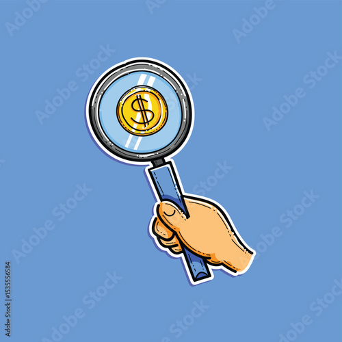 A vibrant illustration featuring a hand grasping a magnifying glass inspecting a gold coin. The image conveys financial concepts and is perfect for business, finance, or analytical themes.