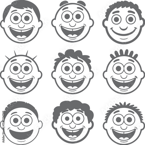 Nine Grey Cartoon Silhouettes of Happy Smiling Men with Varied Hairstyles Illustrative Vector Icons Set for Web Design
