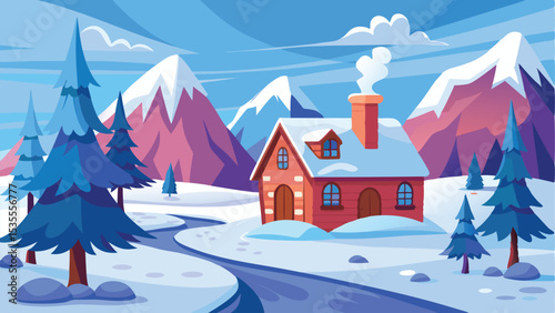 Cartoon Winter Landscape with Snowy Cabin, Mountains, Trees, and River Illustration