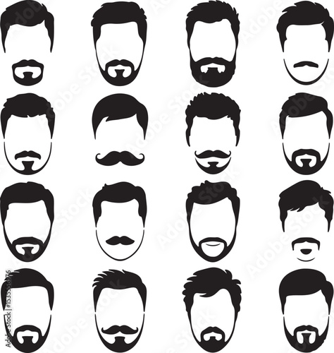 Sixteen Black Silhouettes of Men's Faces Displaying Varied Hairstyles and Facial Hair Goatees Mustaches and Beards