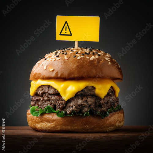 A cheeseburger with a yellow triangular warning sign on top