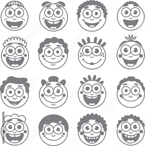 Sixteen Gray Scale Cartoon Silhouettes of Happy Smiling Boys with Various Hairstyles and Expressions