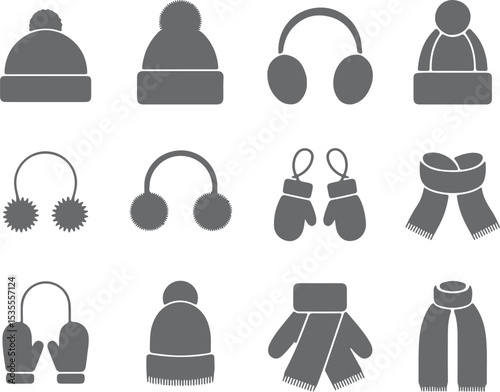 Twelve Gray Winter Clothing and Accessory Silhouettes on White Background Collection of Knit Hats Pom Beanies Earmuffs Mittens and Scarves Winter