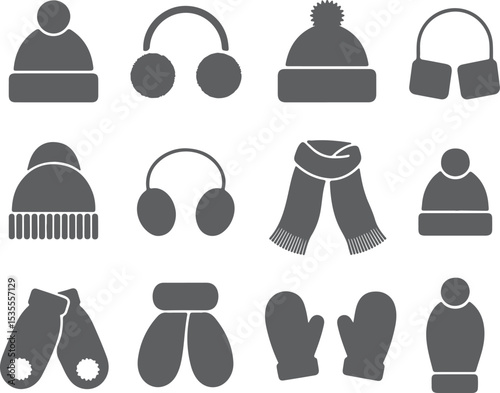 Twelve Gray Winter Clothing Silhouette Icons Set Knitted Hats Earmuffs Scarf Mittens Beanie