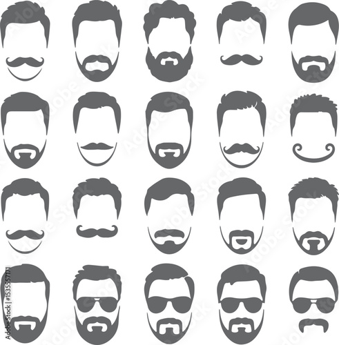 Twenty gray male face silhouettes various hairstyles beards mustaches goatees sunglasses hipster style icons set